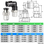 TAILONZ PNEUMATIC Elbow and Straight Combination 3/8 Inch Tube OD x 1/4 Inch NPT Thread Push to Connect Fittings PC-3/8-N2+PL-3/8-N2(Pack of 12)