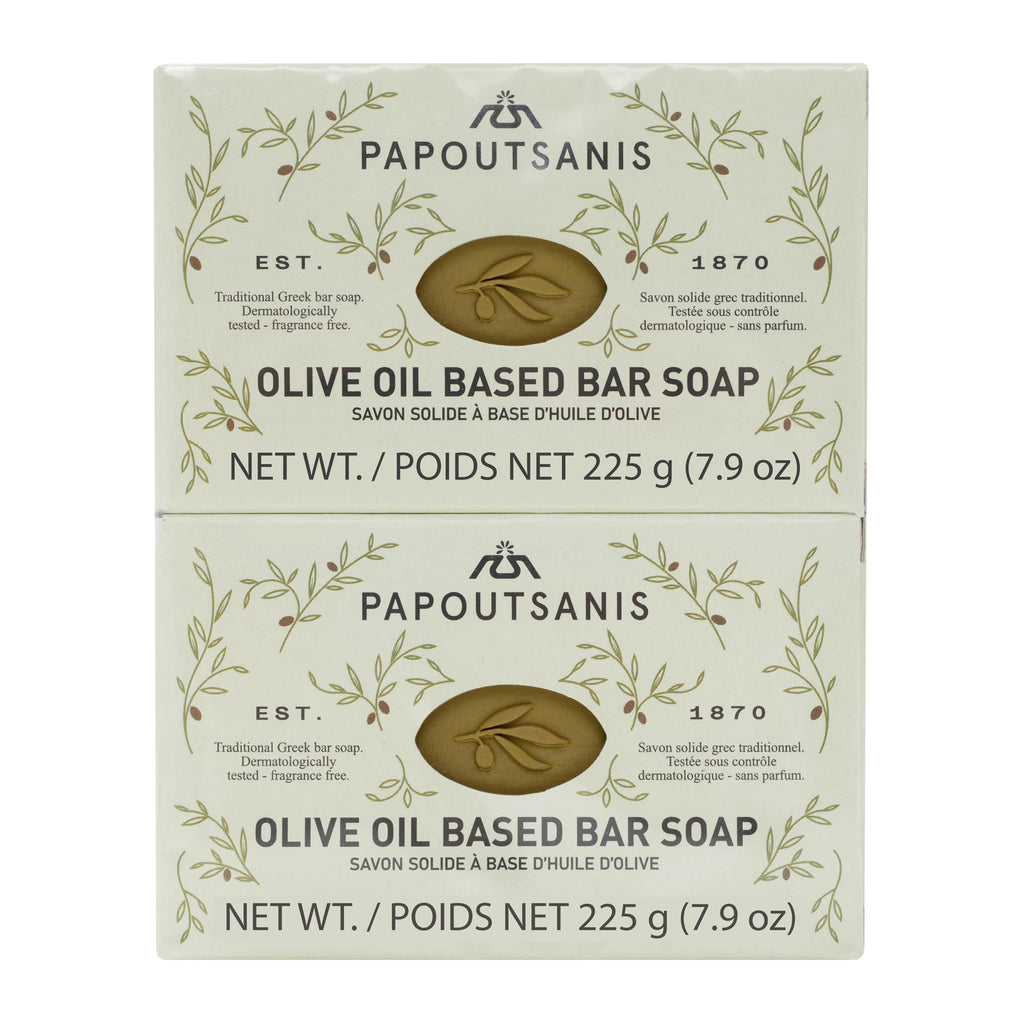 Papoutsanis Greek Olive Oil Based Soap Bar - Natural and Pure Plant-Based Castile Bar Soap - Unscented - Hypoallergenic - (New & Improved Formula infused with Coconut Oil) - 7.9oz Bars, Pack of 4