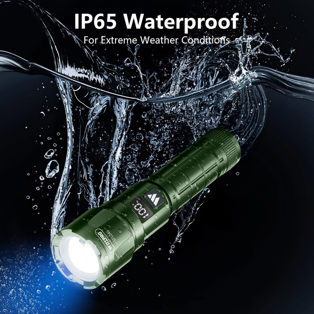 WdtPro LED Rechargeable Flashlight 2 Pack, 3 Modes Super Bright High Lumens Flashlights, Zoomable Tactical Flash Light with LCD Display, IP65 Waterproof Flashlights for Home Emergency Camping - Green