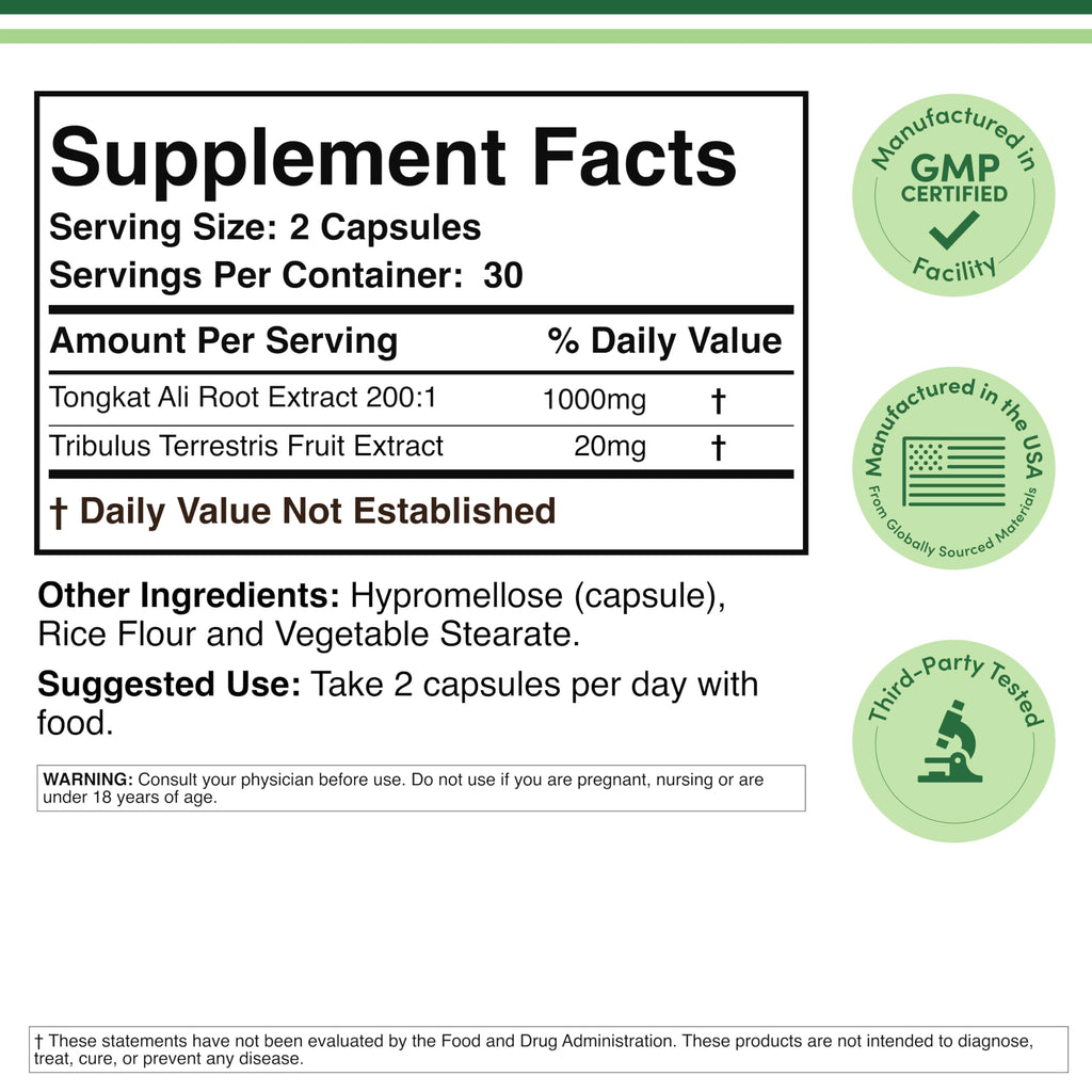 Tongkat Ali Extract 200 to 1 for Men (Longjack) Eurycoma Longifolia, 1000mg per Serving, 60 Capsules - Men's Health Support with 20mg Tribulus Terrestris (Third Party Tested) by Double Wood