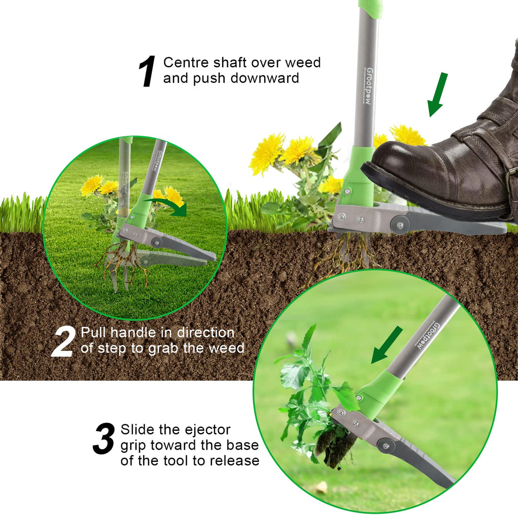 Grootpow WP5 Heavy Duty Weed Puller Tool, Stand Up Dandelion Weeder with 40" Handle, 3 Claws & Fiberglass Foot Pedal, Weeding Tool Made with Cast-Iron, Easily Remove Weeds Without Bending or Kneeling