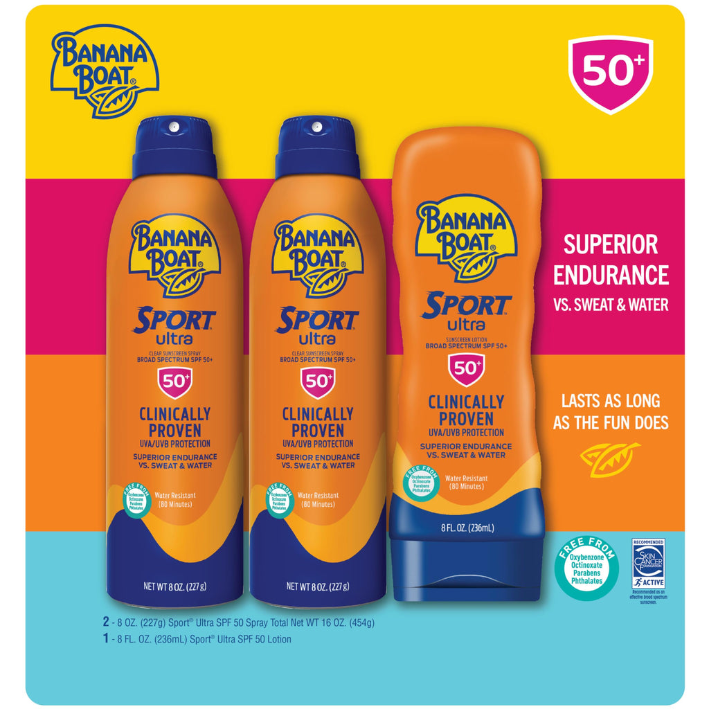Banana Boat Sport Ultra SPF 50 Sunscreen Triple Pack | Includes 2 Sunscreen Sprays & 1 Lotion SPF 50, Sunblock, Water Resistant, Oxybenzone-Free, 8oz each (Pack of 3)