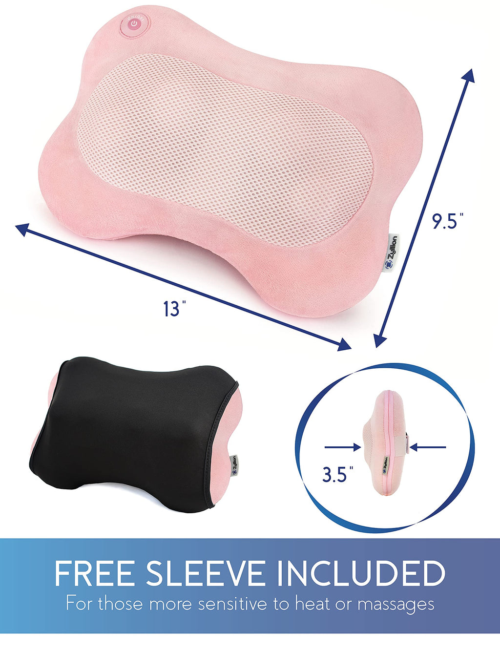 Zyllion Shiatsu Back and Neck Massager with Heat - 3D Electric Kneading Deep Tissue Massage Pillow for Muscle Pain Relief, Pink, ZMA-13
