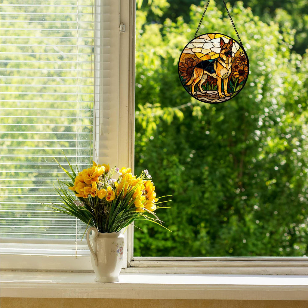 Stained Glass Suncatcher German Shepherd in Sunflowers 6.3 Inch