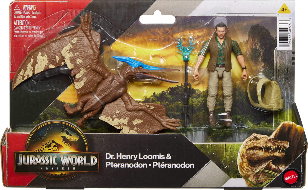 Mattel Jurassic World Rebirth Human & Dinosaur Figure Pack, Dr Henry Loomis & Pteranodon, Movie Accurate 3.75 Inch Scale, Posable Collectible