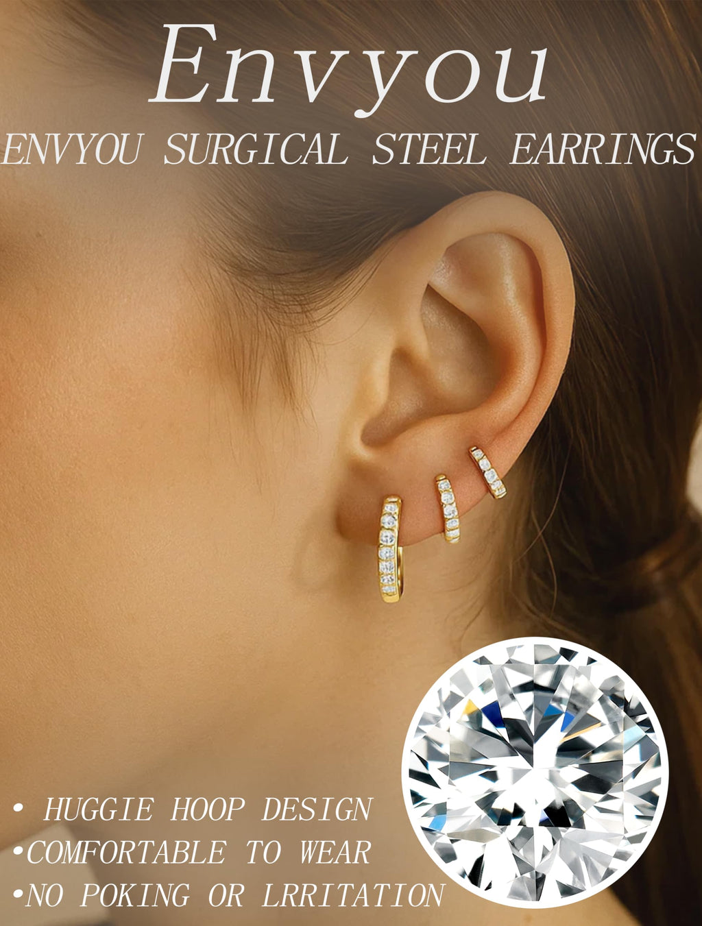 ENVYOU 316L Surgical Steel Huggie Hoop Earrings (Gold,18G 8/10/12mm)