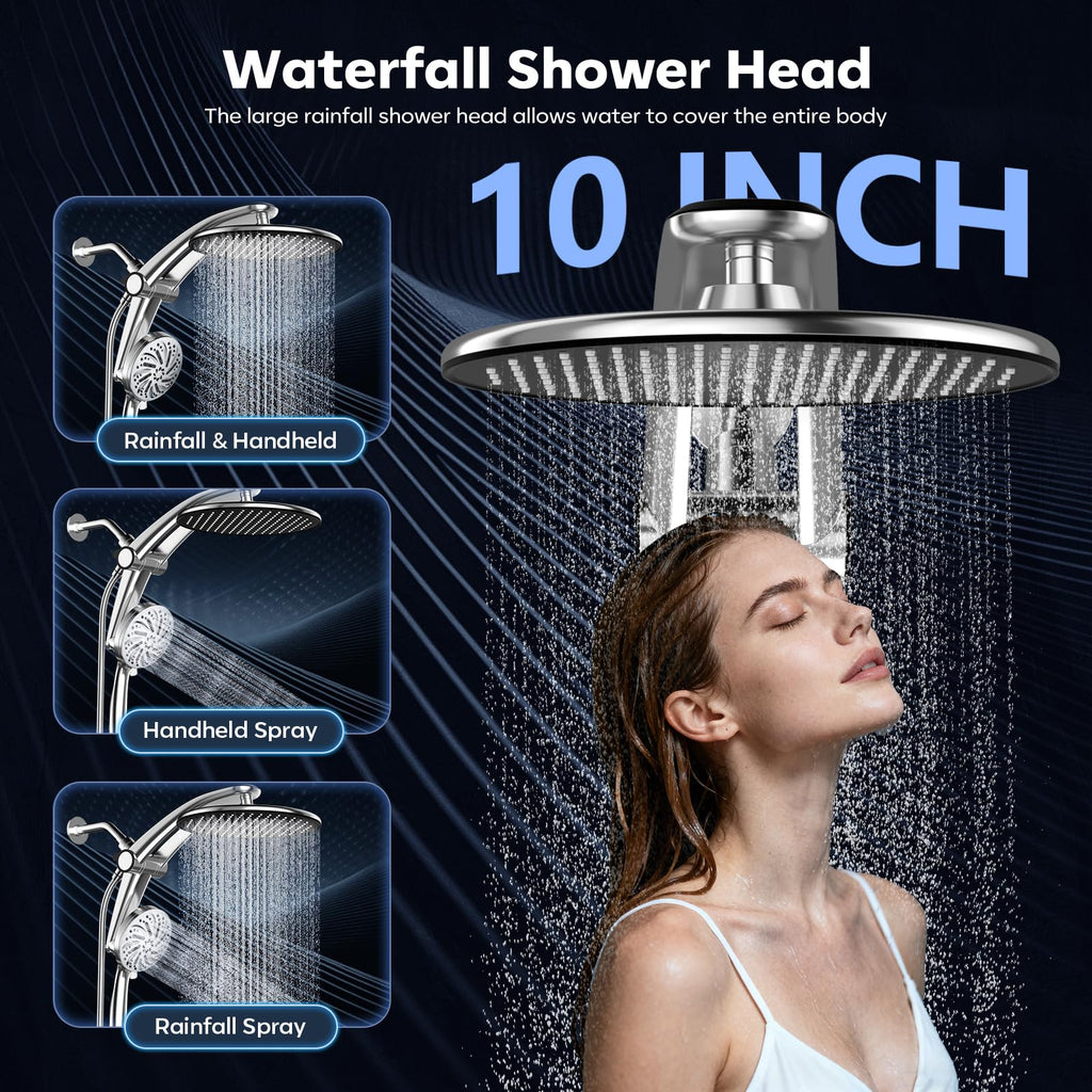 Rain Shower Head with Handheld,Dual Shower Head with Hose,Detachable 10" High Pressure Shower Head Combo with 9 Settings Shower Spray Built-in Magnetic Docking & Power Wash Mode (Chrome)