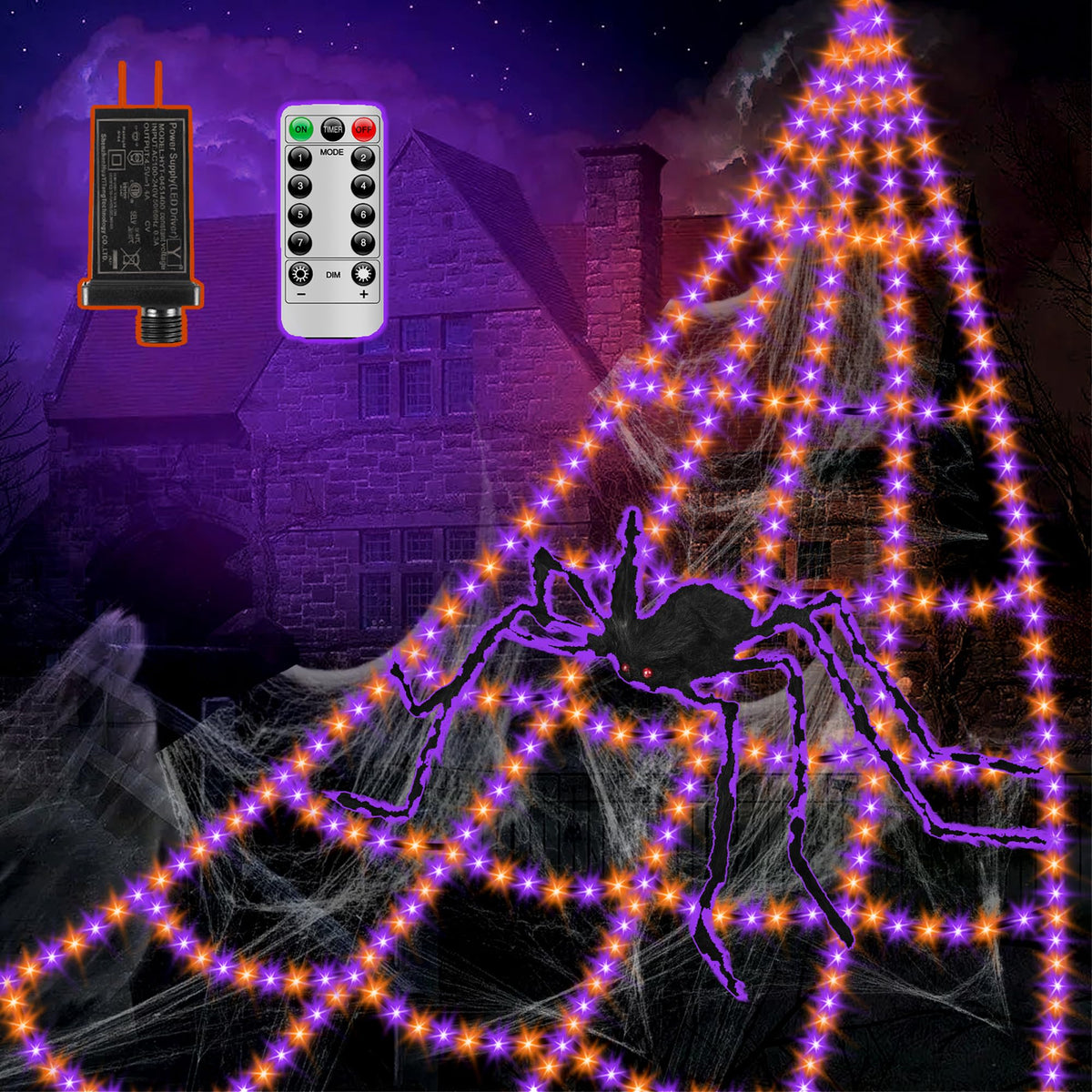 Spider Webs Halloween Decorations Lights - 550 LEDs Outdoor Giant Halloween Decor Lights with16.4ft,4ft Spider,8 Modes,Waterproof&Timer for Yard Porch Garden,Outside Party (with Spider)