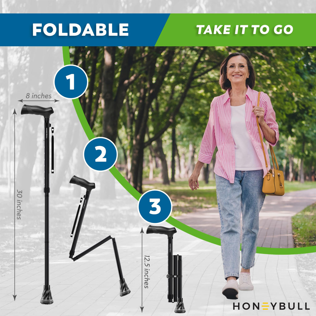 HONEYBULL Walking Cane for Men & Women – Foldable, Adjustable, Lightweight Cane with Air Cushion Tip for Stability & Ergonomic Grip, Heavy Duty Walking Sticks for Seniors (Black)