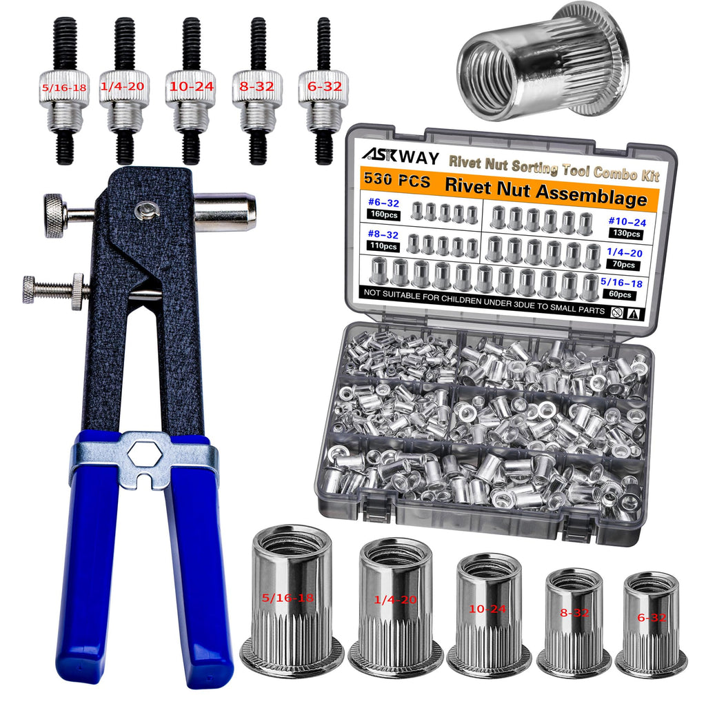 ASKWAY SAE Pressure Rivet Nut Tool Kit 530pcs, Aluminum Rivet Nut inch