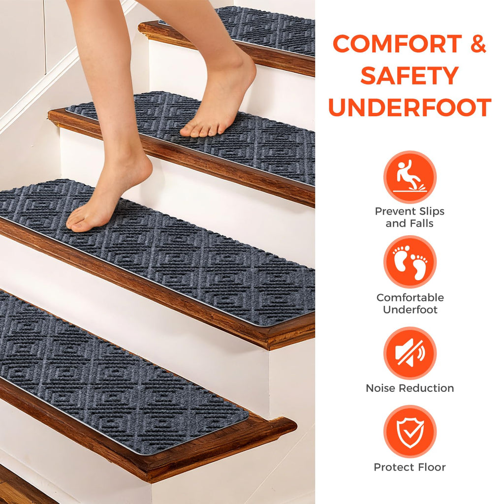 BAGAIL 15 Pack Non-Slip Stair Treads for Wooden Steps, 8"x30" Peel and Stick Carpet Stair Runners, Machine Washable Indoor Step Covers with No-Residue Adhesive for Dogs, Kids & Elderly - Bluish Grey
