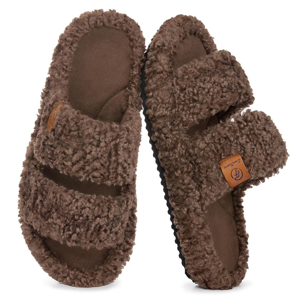 EverFoams Womens Fuzzy Open-toe Slippers Indoor Elegant Mocha, 7-8 US