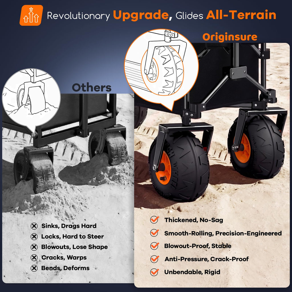 Originsure 300L Collapsible Beach Wagon with Balloon Wheels, 560lbs, Black