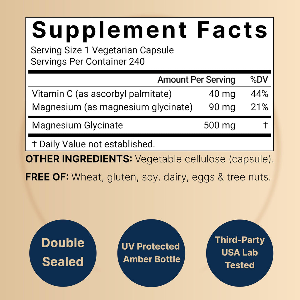 Naturebell Pure Magnesium Glycinate 500mg, 240 Veggie Capsules | 100% Chelated & Purified – 3rd Party Tested, Vegan Friendly, Non-GMO