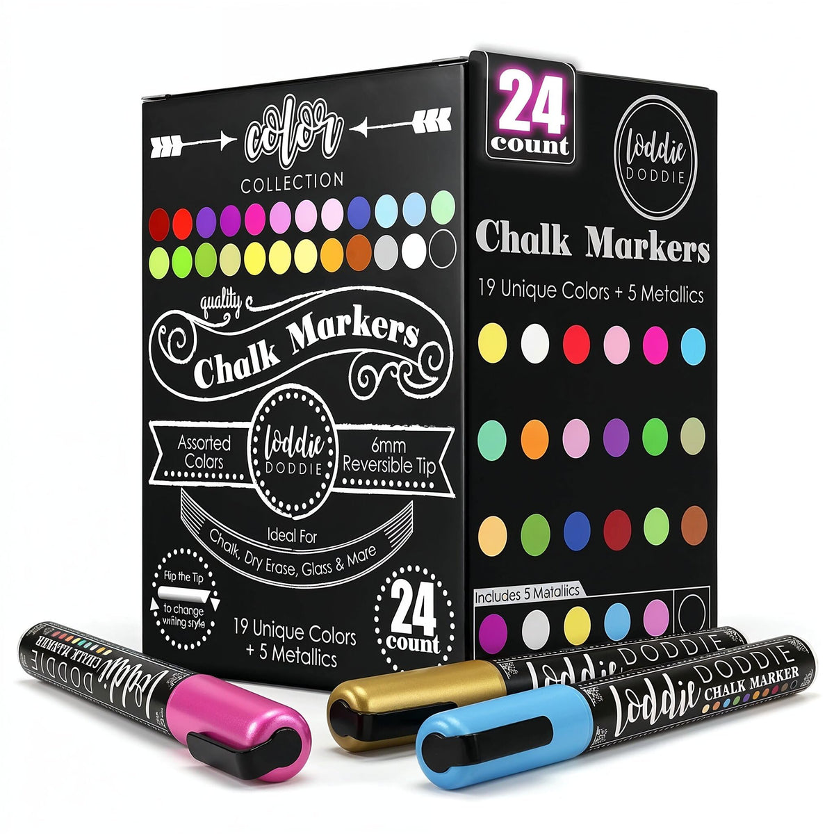 Loddie Doddie Chalk Markers, Liquid Chalk Pens, Reversible Tips, 24 Pack