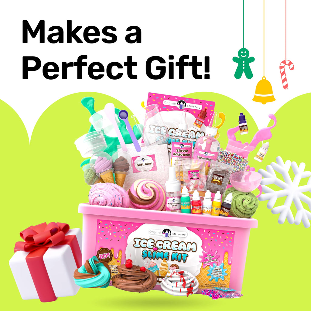 Original Stationery Ice Cream Slime Kit for Girls Toys, DIY Cherry-Scented Slime Making Set with 31 Pieces, Fun Arts and Crafts for Kids Ages 8-12, Birthday Gift