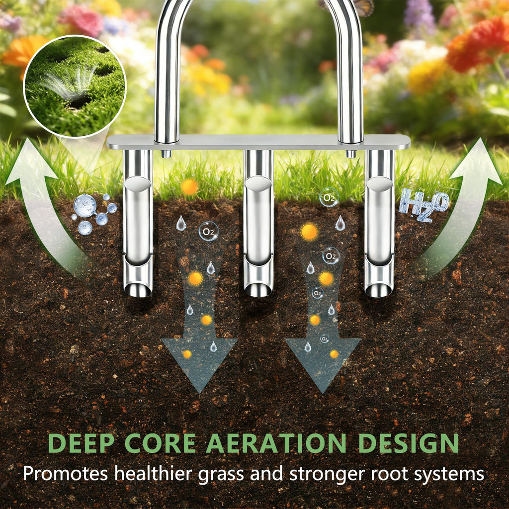 Lawn Aerator Tool, Stainless Steel Manual Core Aerator with 3 Hollow Tines