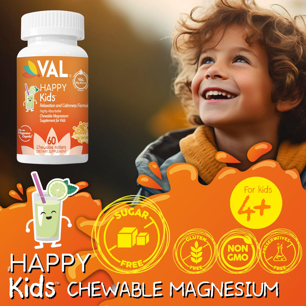 VAL Magnesium for Kids | High-Absorption Magnesium for Calm, Relaxation & Focus | Mg Glycinate, Citrate & Taurate | with Vitamin B6, D & C | Sugar-Free, Non-GMO | Lemonade | 60 Chewable Tablets