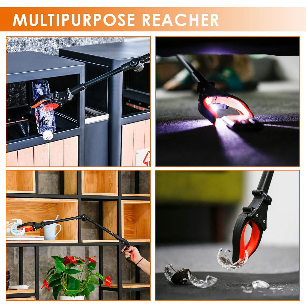THINKWORK Grabber Reacher Tool, 0°-180° Angled Arm, 90° Rotating Head, 32” Foldable Claw Grabber with"LED Light", Garbage Collector, Arm Extension Picker for Elderly, Pregnant Women&Sanitation Workers
