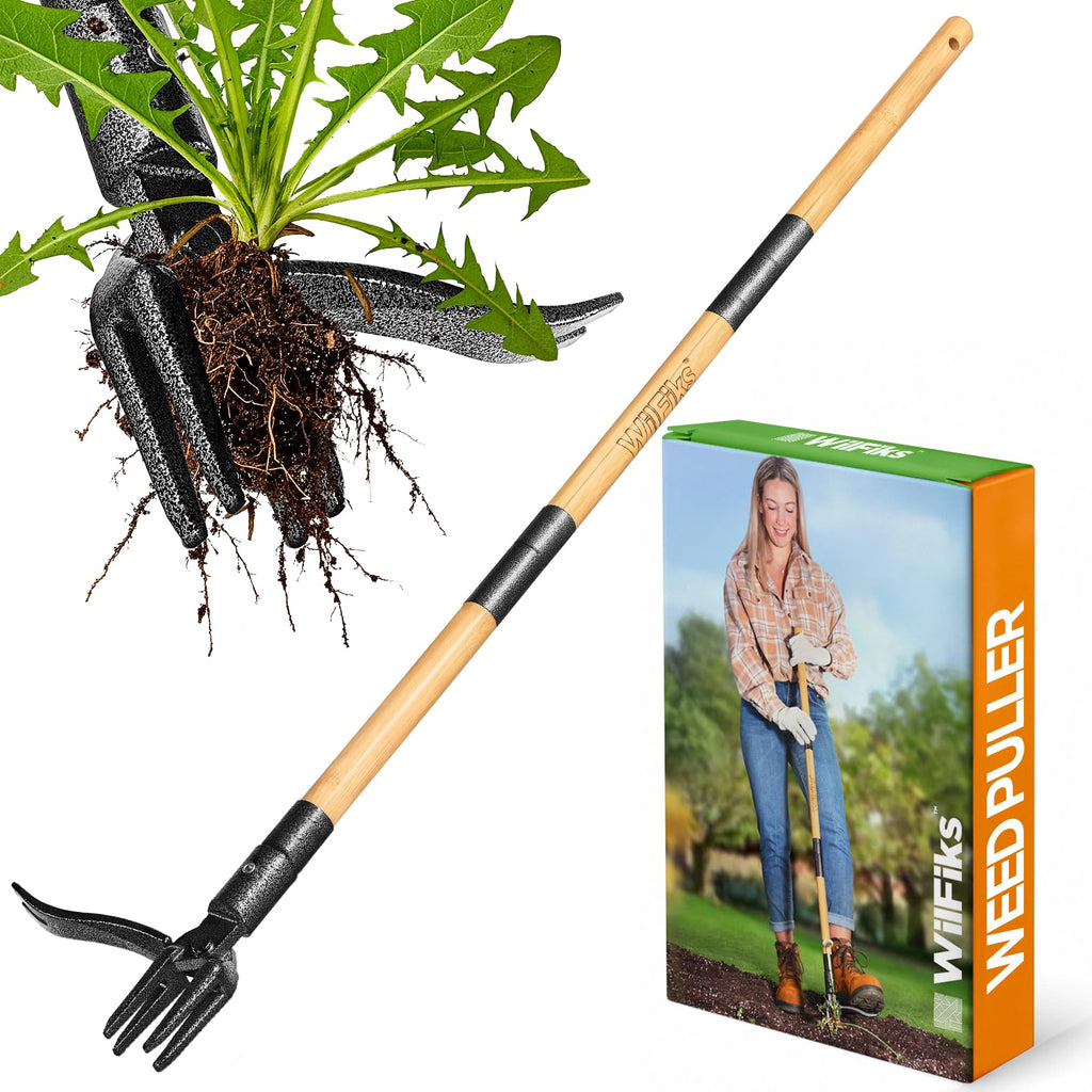 WilFiks Weed Puller Tool, Stand Up Heavy Duty Weed Remover Tool with Long Handle, Foot Platform Design - 4 Claw Steel Head Weeder Tool, Bamboo Garden Hand Weeding Tool