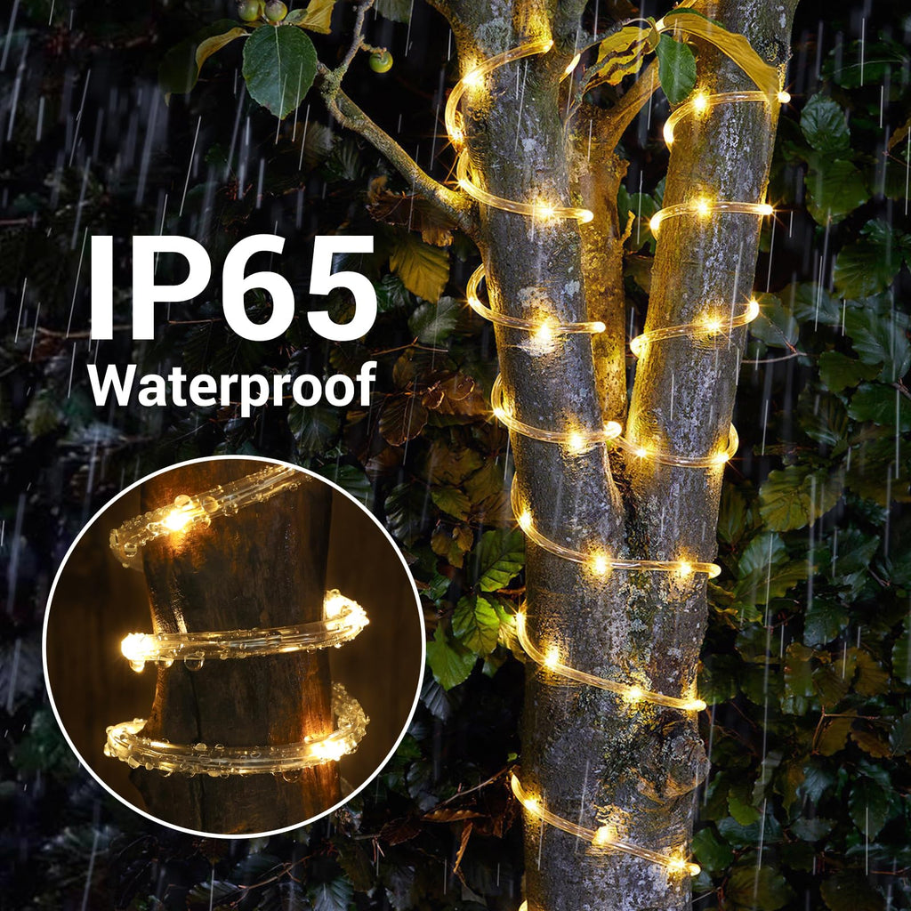 Solar Rope Lights, 2 Pack Total 66ft 200LED Solar String Lights, 8 Modes Waterproof Solar Outdoor Light, Flexible Clear Trampoline Light for Garden Yard Patio Deck Porch Pool Tree Decor - Warm White