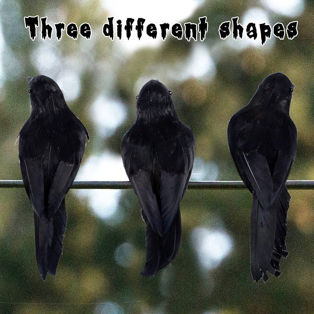 ATDAWN 6 Pack Halloween Black Feathered Crows, Realistic Halloween Birds Decoration for Spooky Décor