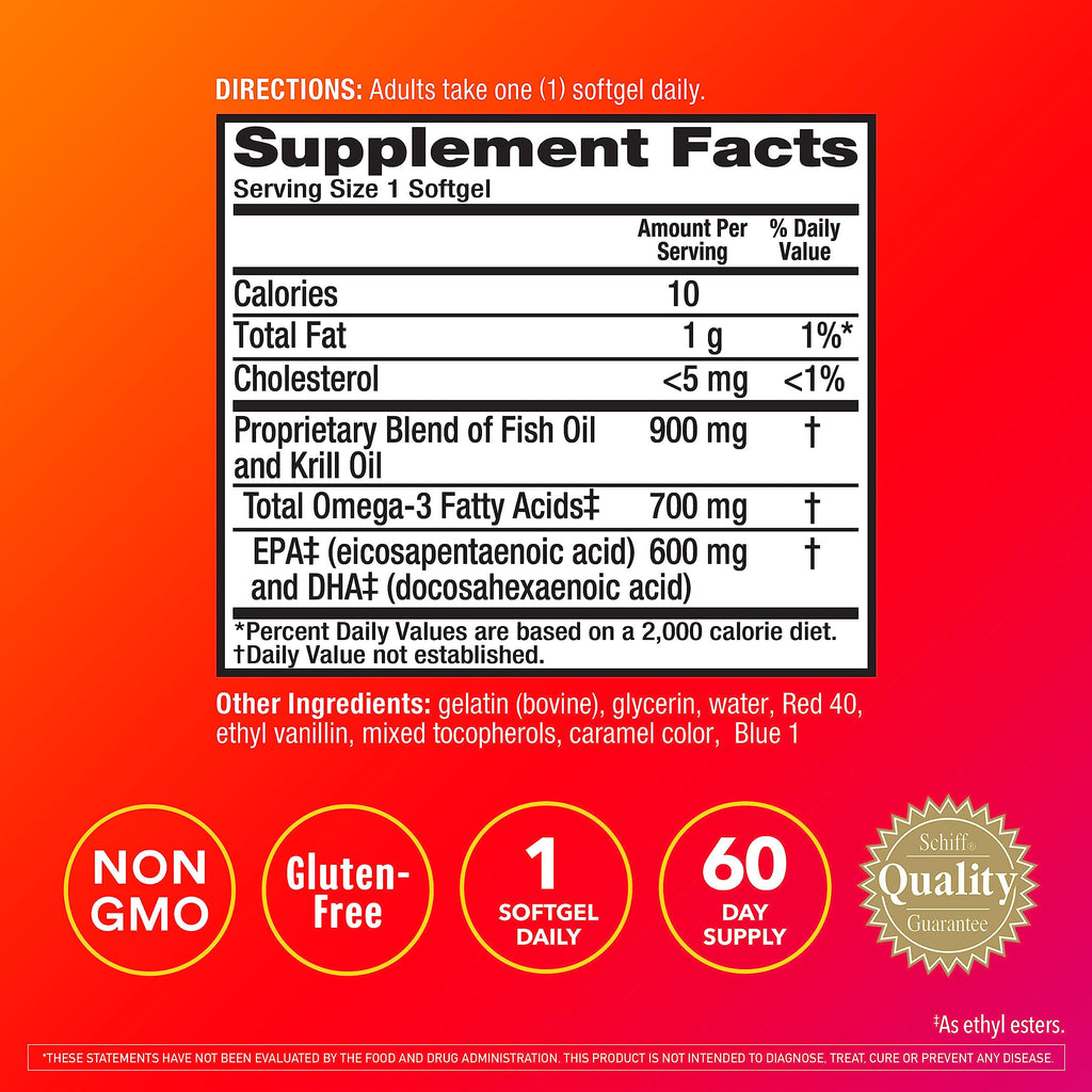 Megared Omega-3 Fish & Krill Oil Supplement 900mg - MegaRed Advanced 4in1, 60 softgels, 2x More Omega-3, Heart, Joint, Brain and Eye Supplement, Red, 60 Count