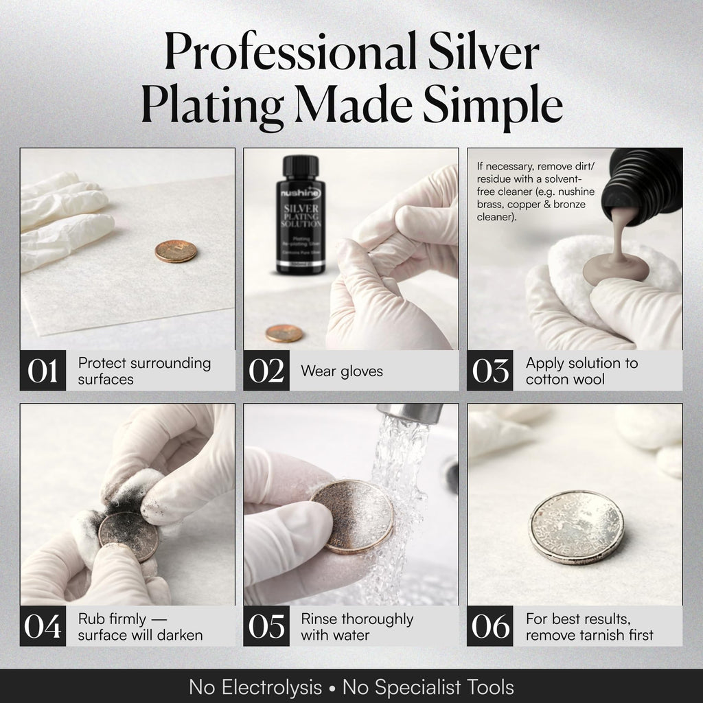 Nushine Silver Plating Solution 3.4 Oz - Permanently Plate PureSilver onto Worn Silver, Brass, Copper and Bronze ONLY (Ecofriendly Formula)