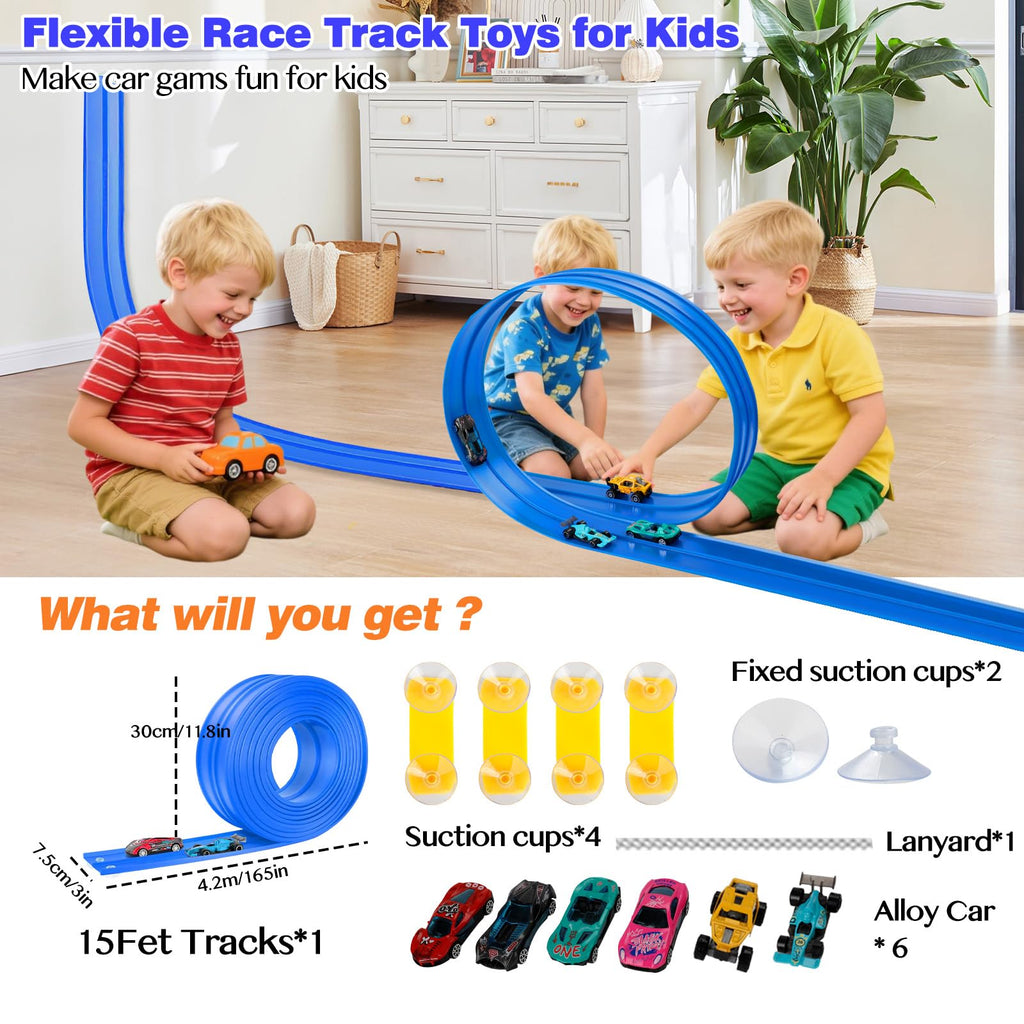 Flexible Race Track Toys for Kids: 15ft Flexible Car Track with Suction Cups - Portable Roll-Up DIY Racetrack Compatible with 1:64 Scale Diecast Cars for Boys & Girls Ages 3+