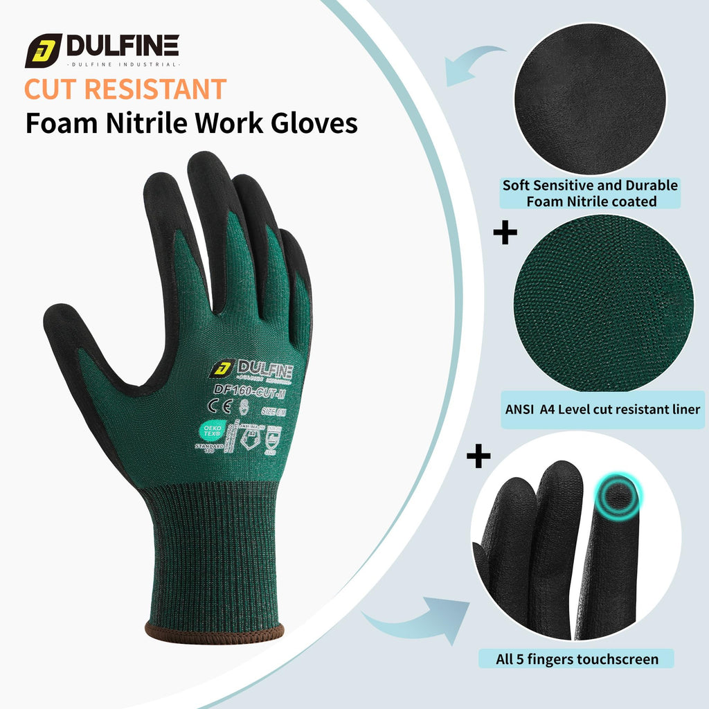 DULFINE ANSI A4 Cut Resistant Work Gloves for Men,6 Pairs Pack.Touchscreen Micro Nitrile Coated,Anti-Slip & Durable for Construction, Wood Cutting,Glass Factory Industrial Use(Large)