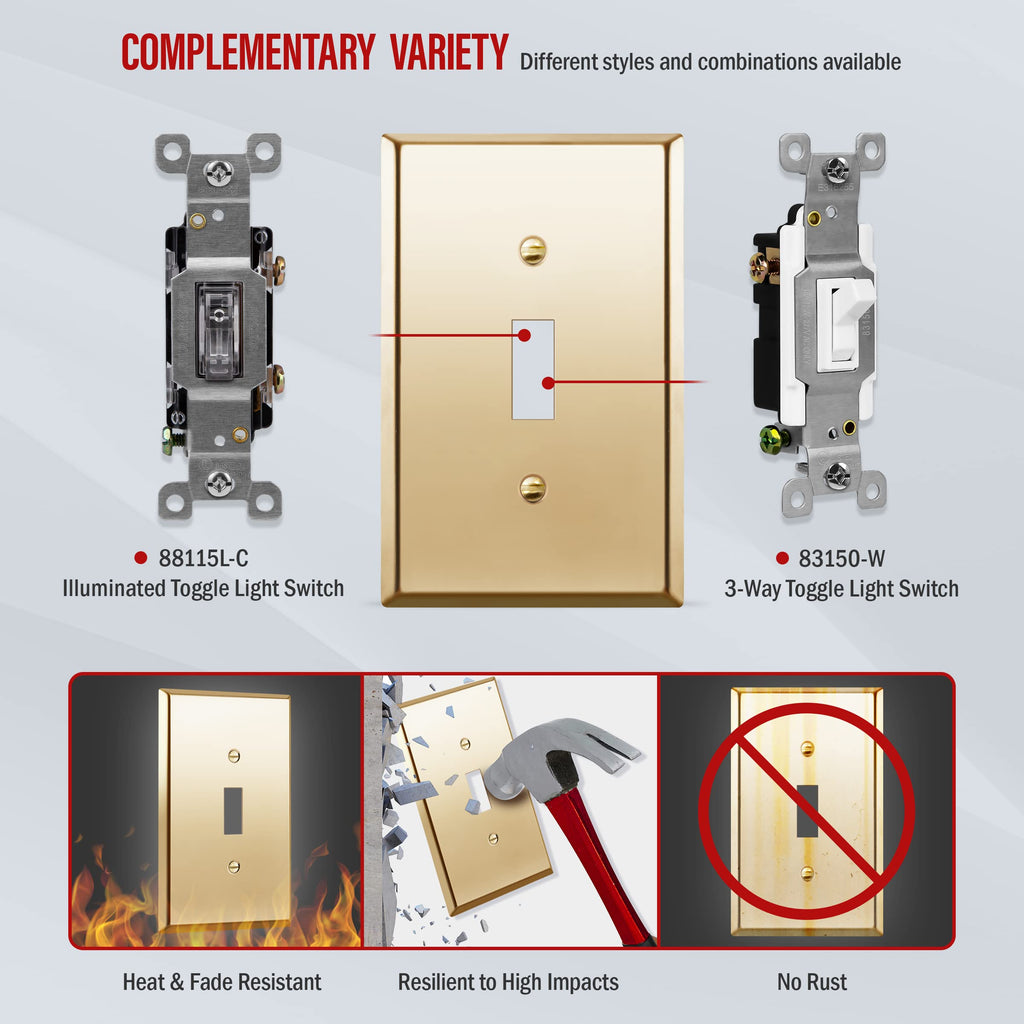 ENERLITES Toggle Light Switch Metal Wall Plate, Stainless Steel Switch Cover, Corrosion Resistant, Mid-Size 1-Gang 4.88" x 3.11", Stainless Steel 201, 7711M-PB, Polished Brass