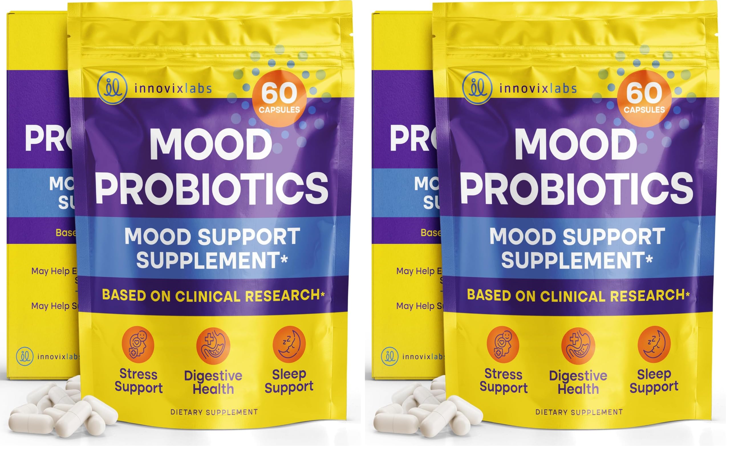 InnovixLabs Mood Probiotic for Women & Men, Clinically Studied Digestive & Mood Support Supplement, Lactobacillus helveticus Rosell-52ND & Bifidobacterium longum Rosell-175, 60 Capsules (Pack of 2)