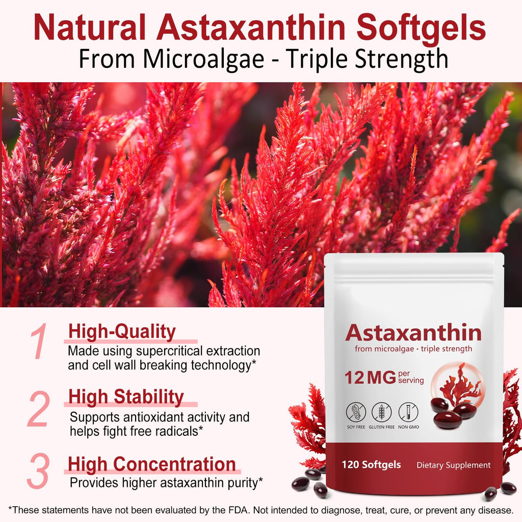 2 Pack Premium Astaxanthin 12mg,120 Softgels | Natural Antioxidant Supplement for Eye, Joint, Skin Health,Microalgae Source | 4 Month Supply | Supports Internal Circulation & Natural Tanning,Non-GMO