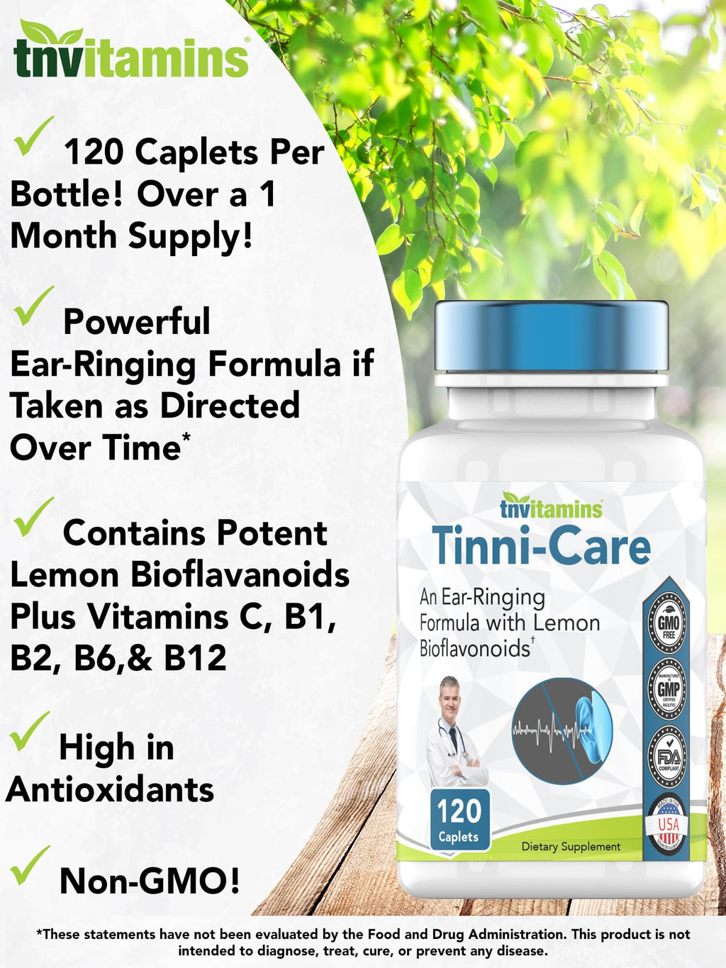 tnvitamins Tinni-Care Lemon Bioflavonoid Supplement an Ear Ringing Relief Formula that May Help with Ringing Over Time | 120 Caplets - Vitamins C, B1, B2, B6 & B12