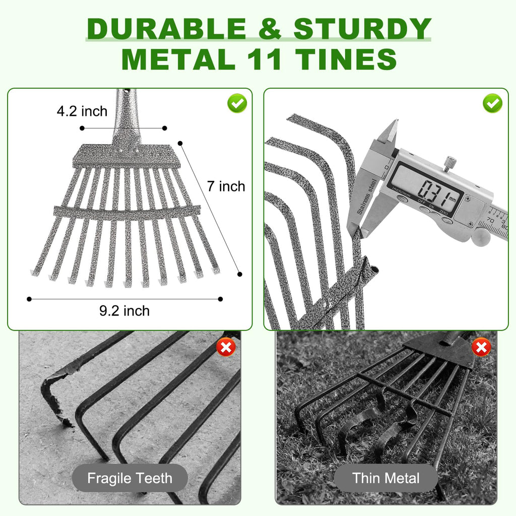 Gixmuoiy Garden Rake for Leaves, Heavy-Duty Small Metal Rake for Lawn, Yard, Garden Beds, Debris & Shrubs, 6 ft Adjustable Handle for Kids and Adults