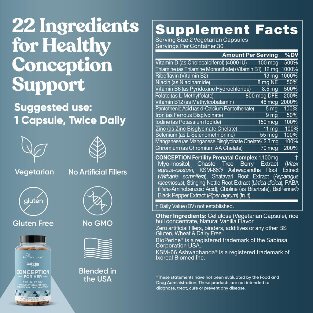 Eu Natural Conception for Her Fertility Supplements for Women - Ovulation, Hormonal Balance & Regular Cycle Support - Myo-Inositol, Folate, Shatavari & Vitex - 120 Vegetarian Capsules