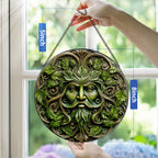 Green Man Stained Glass Suncatcher, Stained Glass Window Hanging, 8 Inch Window Decor Hanging, Gift for Garden Lovers, Fathers Day Birthday Gifts for Dad Grandpa Man Bother Husband Lover