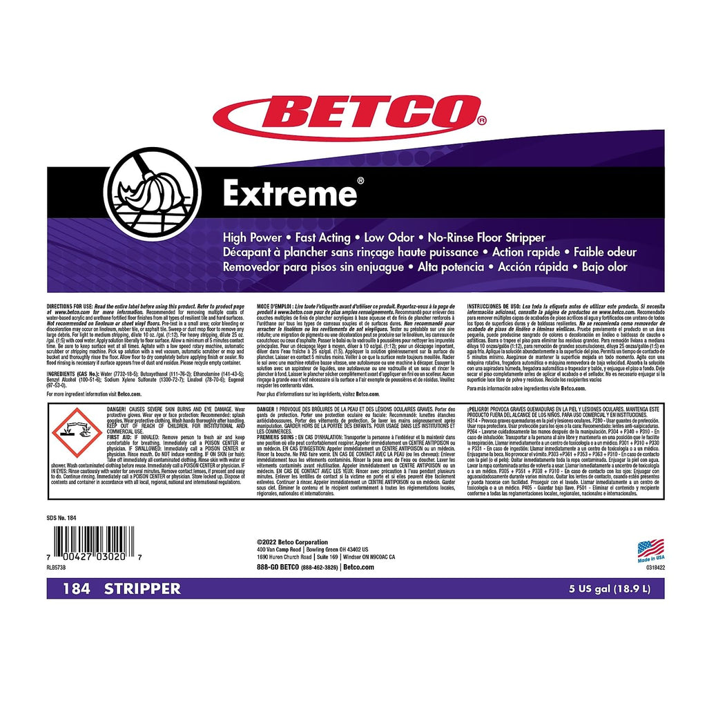Betco® Extreme Liquid Floor Stripper, Lemon Scent, 5 Gallon Container