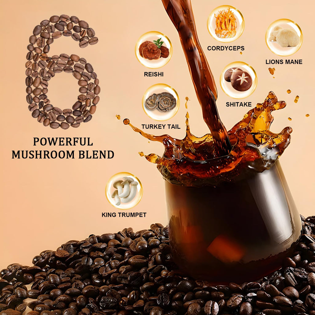Bunkell Mushroom Coffee, Adaptogenic 6 Mushrooms with Lion's Mane, Reishi, Cordyceps, Shiitake, King Trumpet & Turkey Tail, Instant Coffee Powder for Energy, Digestion & Immune Support, 30 Servings
