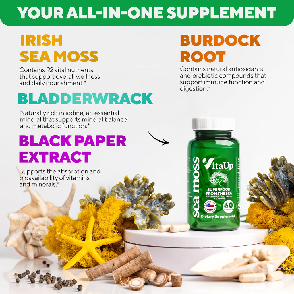 VitaUp Wildcrafted Irish Sea Moss Capsules with Burdock Root & Bladderwrack - USA Made Sea Moss Advanced for Hair, Skin, Immune & Energy Levels Support - SeaMoss Pills - 60 Vegan Capsules