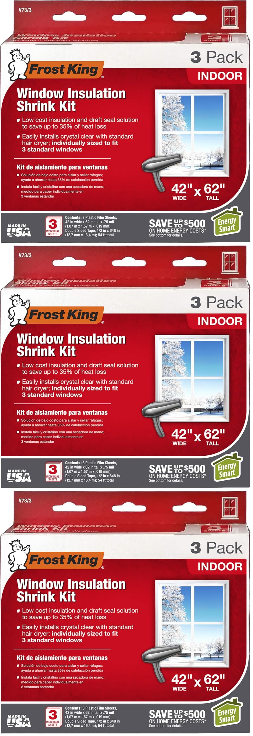 Frost King V73/3H Shrink Window Kit, Indoor, 42 x 62 in, 9 Pack