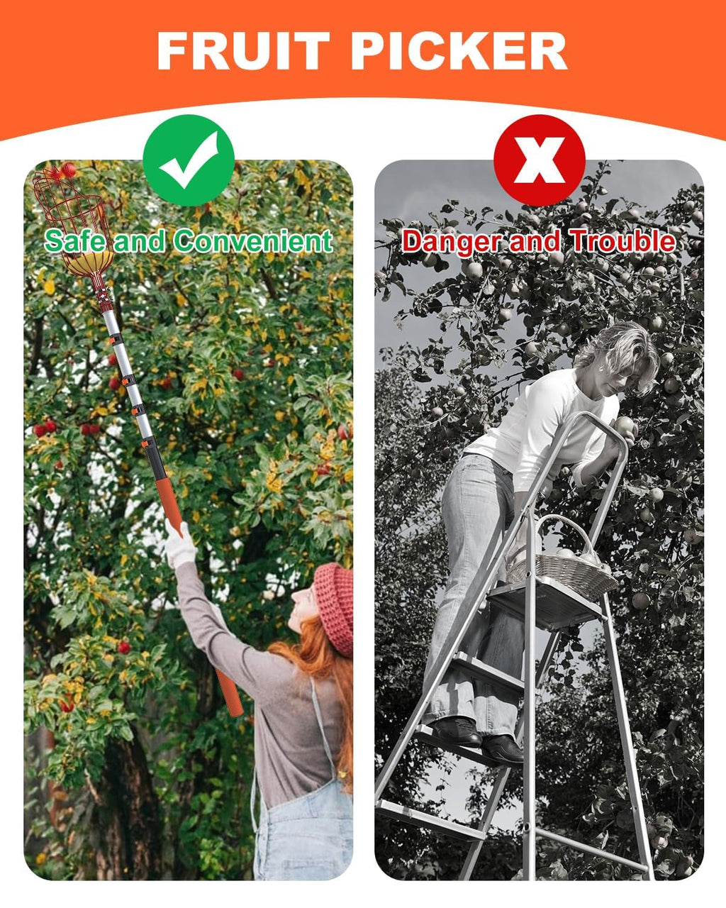 Buyplus 26ft High Reach Fruit Picker with Basket Telescoping, 5-20 Foot Heavy Duty Sturdy Aluminium Telescoping Extension Pole, Easy to Attach Twist-On Metal Basket for Picking Mango Avocado Lemon