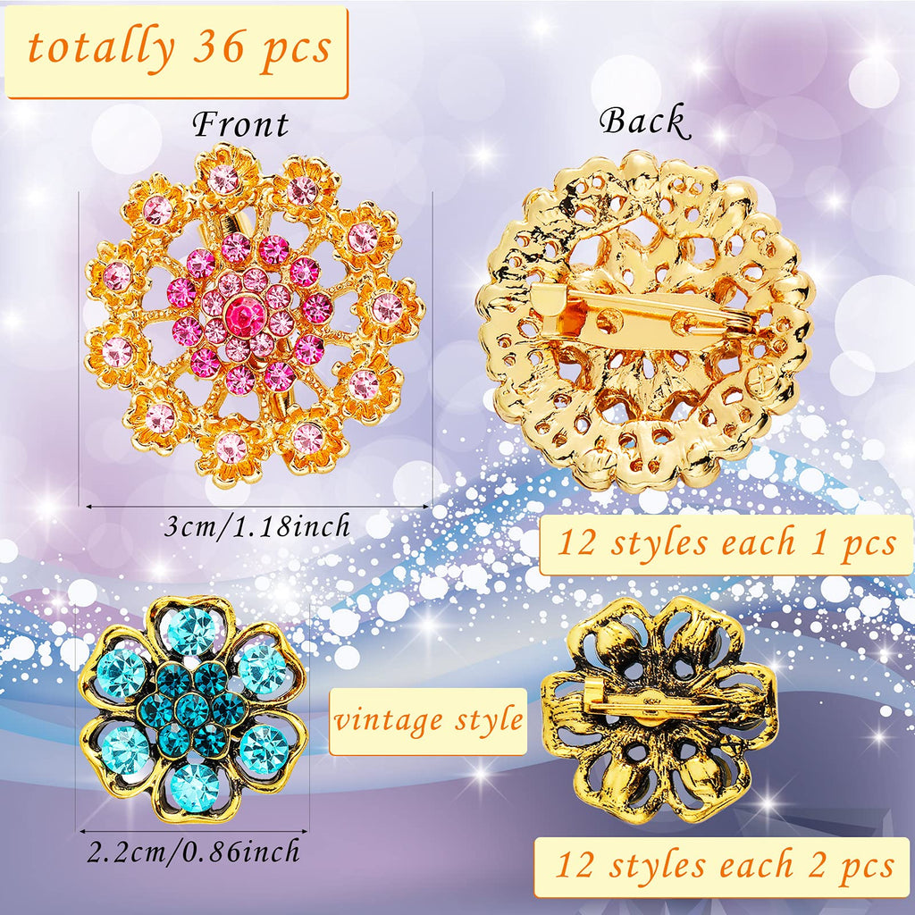 MTLEE 36 Pcs Rhinestone Brooches Bulk Vintage Women Brooch Pins for Crafts