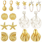 Nosiny 8 Pairs Beach Earrings for Women Gold Starfish Seashell Pearl Drop Shell Conch Earrings Summer Ocean Beachy Jewelry