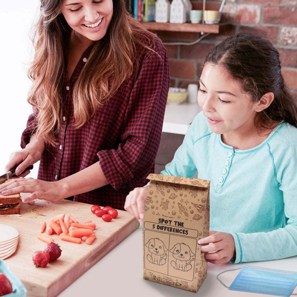 NIL-Tech Paper Bags for Small Business 150 Count (3 Pack) — Disposable Brown Kraft Lunch Bags for Schools, Bakeries & To Go | Games Printed | Food Safe Bulk Paper Bags | 6LB