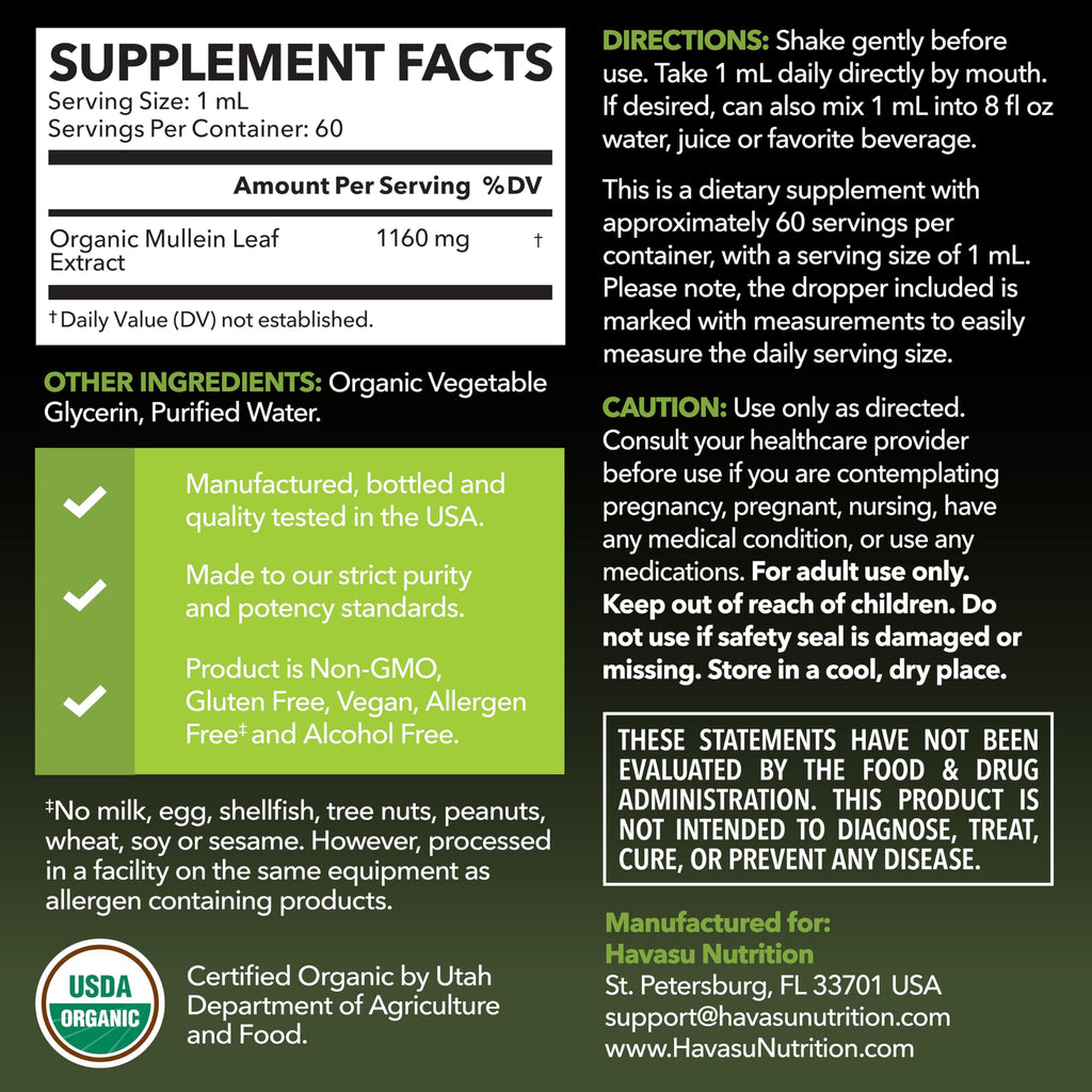 Mullein Drops for Lungs - USDA Organic Mullein Leaf Extract - Respiratory Health and Lung Support Supplement - 2 Fl Oz - Vegan, Non-GMO, and Alcohol Free Formula - Herbal Tincture - 2 Month Supply