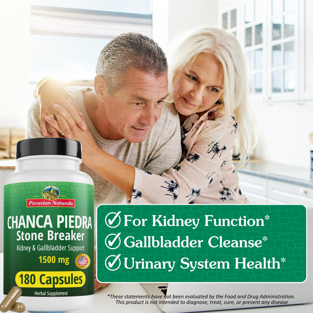 Peruvian Naturals Chanca Piedra Stone Breaker 180 Capsules - Kidney Stone Dissolver & Gallbladder - 1500mg per Serving - Chancapiedra Stonebreaker for Bladder Cleanse & Urinary Tract - Vegan, Non GMO