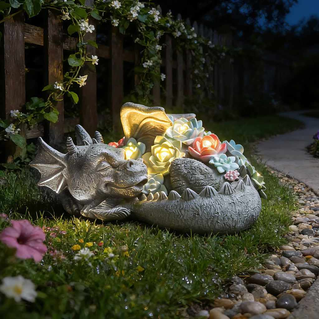 Solar Dragon Garden Statue, Sleeping Dragon with Solar Light Succulent