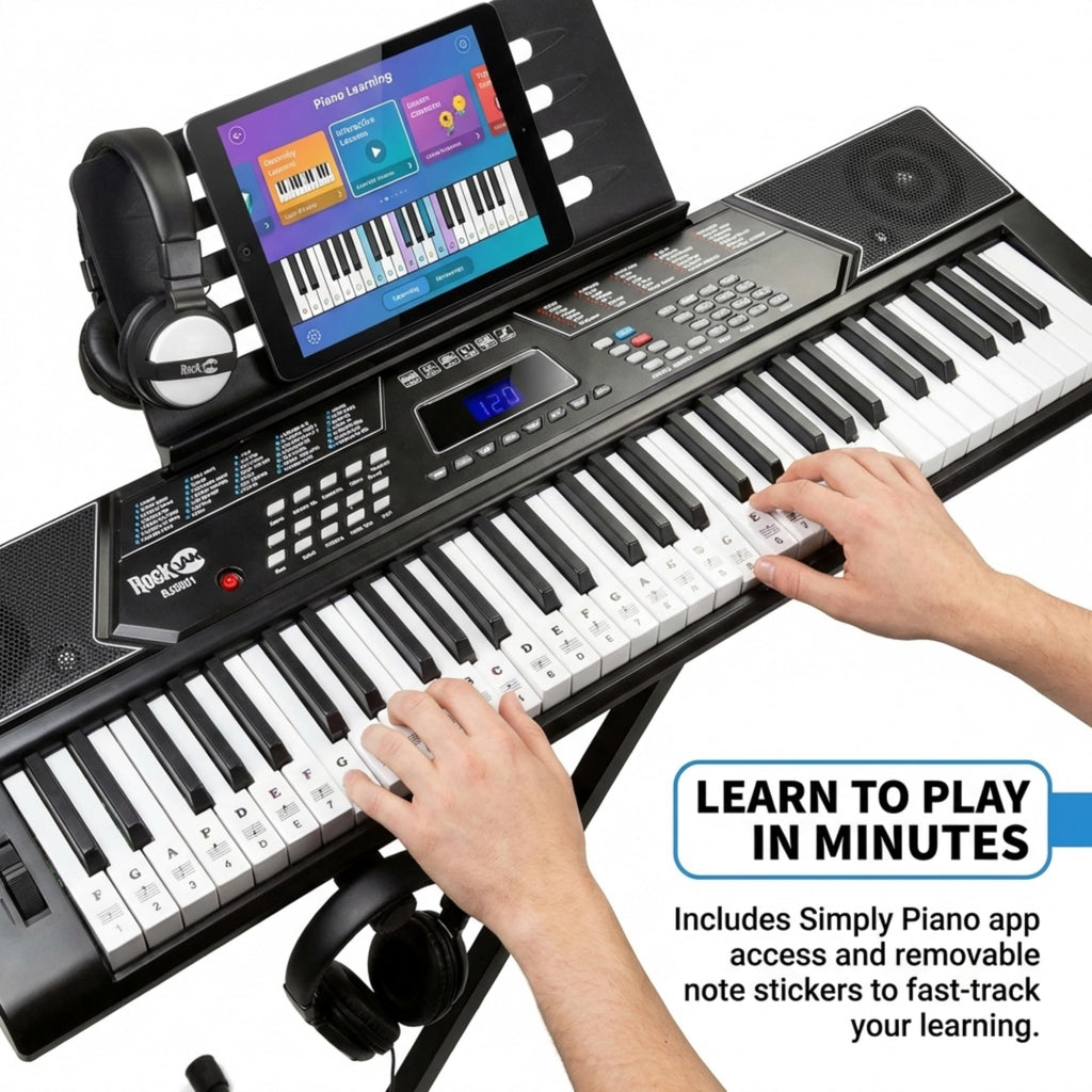 Rockjam RJ5061 RockJam 61 Key Keyboard Piano With Pitch Bend Kit, Keyboard Stand, Piano Bench, Headphones, Simply Piano App & Keynote Stickers, Black