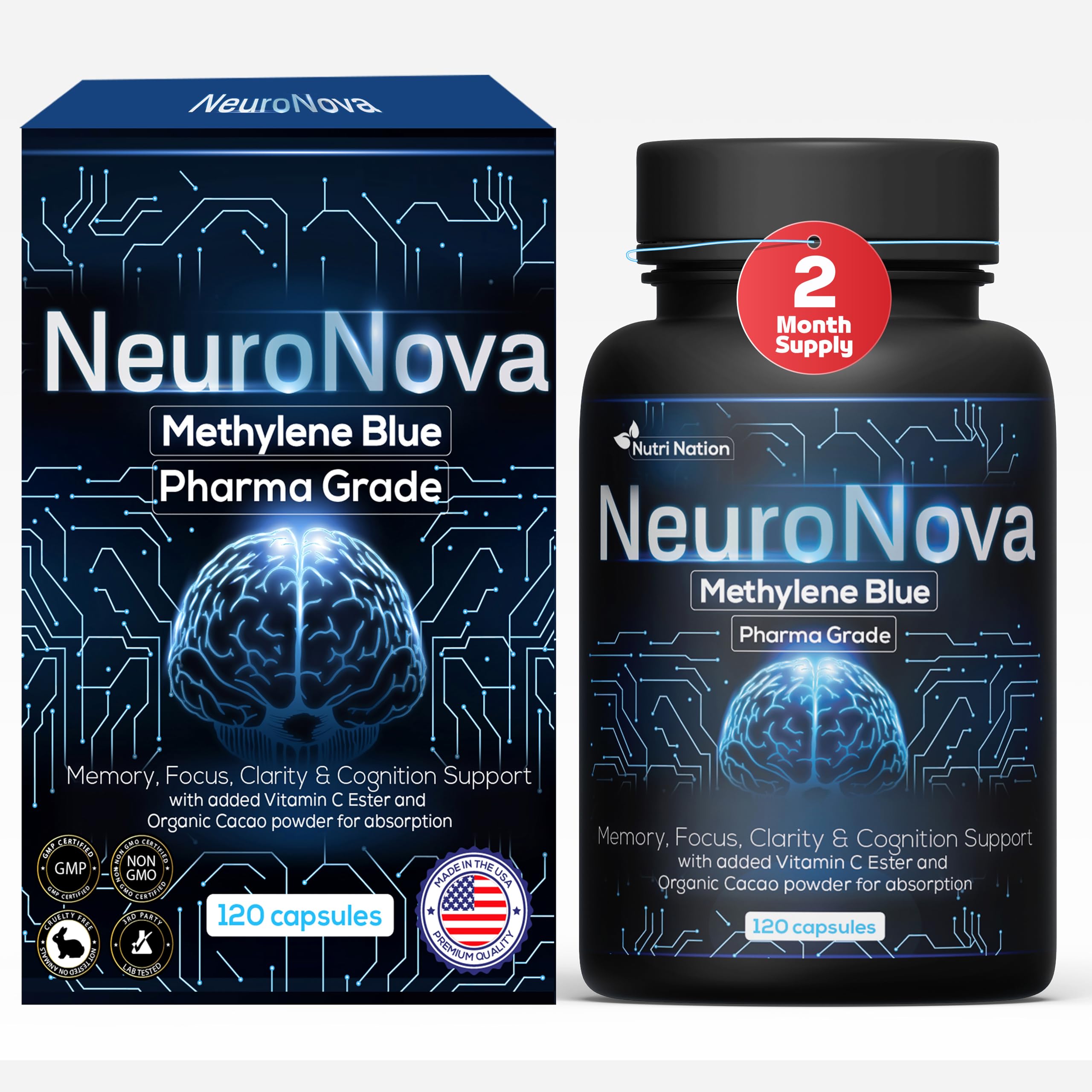 Nutri Nation Methylene Blue Pharmaceutical Grade Capsules, 120 Count, 2 Month Supply for Focus & Cognitive Support for Adults - Third Party Tested and Made in USA